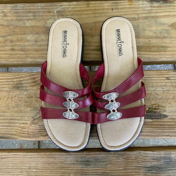Minnetonka Shoes - Minnetonka Red Leather Slide Sandals Shoes Sz 8M